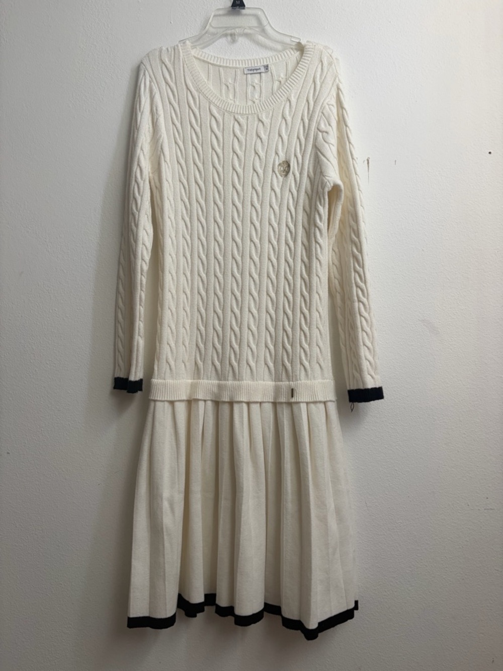 Girls' Cream Cable Knit Long Sleeve Dress with Black Trim